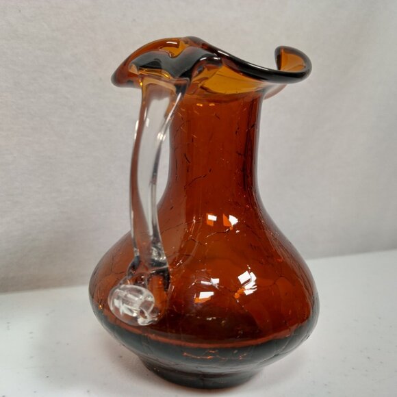 Crackle Glass Pitcher Brown Small Clear Handle Vase Collectible Art 3.75" Tall - Picture 7 of 15